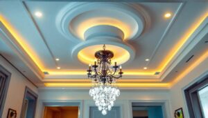 A photograph of a beautifully designed ceiling featuring various types of ceiling lights