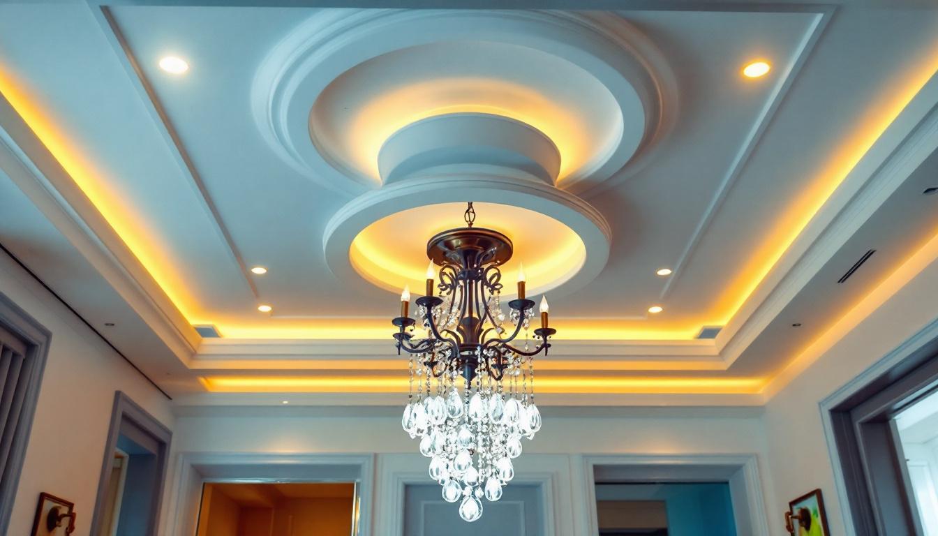 A photograph of a beautifully designed ceiling featuring various types of ceiling lights