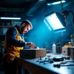 A photograph of a skilled lighting contractor working with various box covers in a well-lit workshop