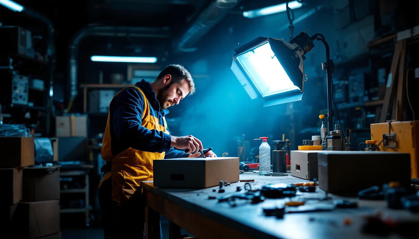A photograph of a skilled lighting contractor working with various box covers in a well-lit workshop