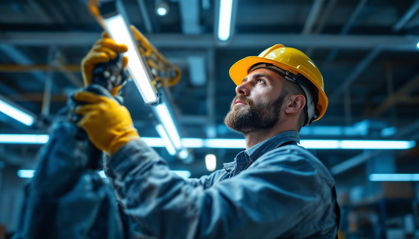 A photograph of a lighting contractor in action