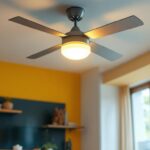 A photograph of a stylish ceiling fan with an integrated light kit installed in a modern living space
