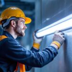 A photograph of a lighting contractor installing an 8-foot led fluorescent tube in a commercial setting