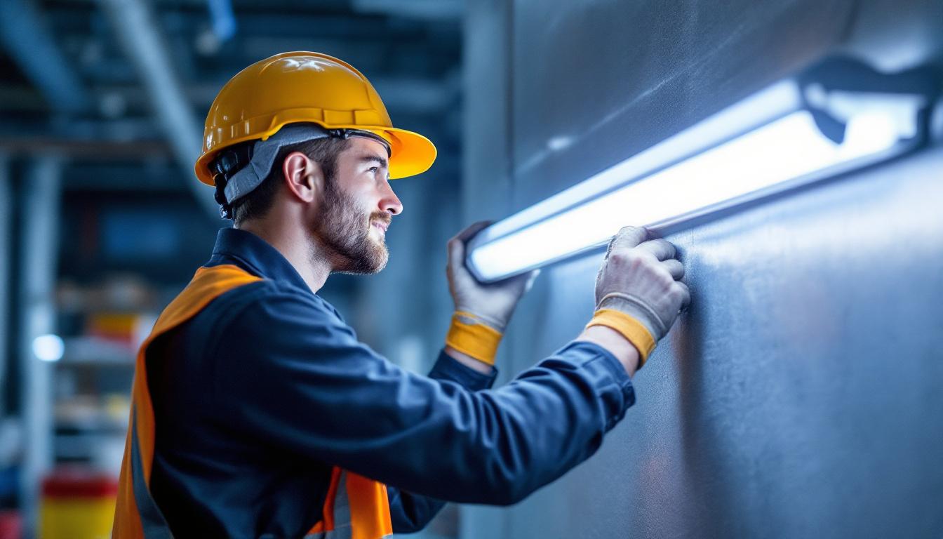 A photograph of a lighting contractor installing an 8-foot led fluorescent tube in a commercial setting