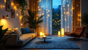 A photograph of a beautifully lit indoor space featuring stylish solar lights integrated into the decor