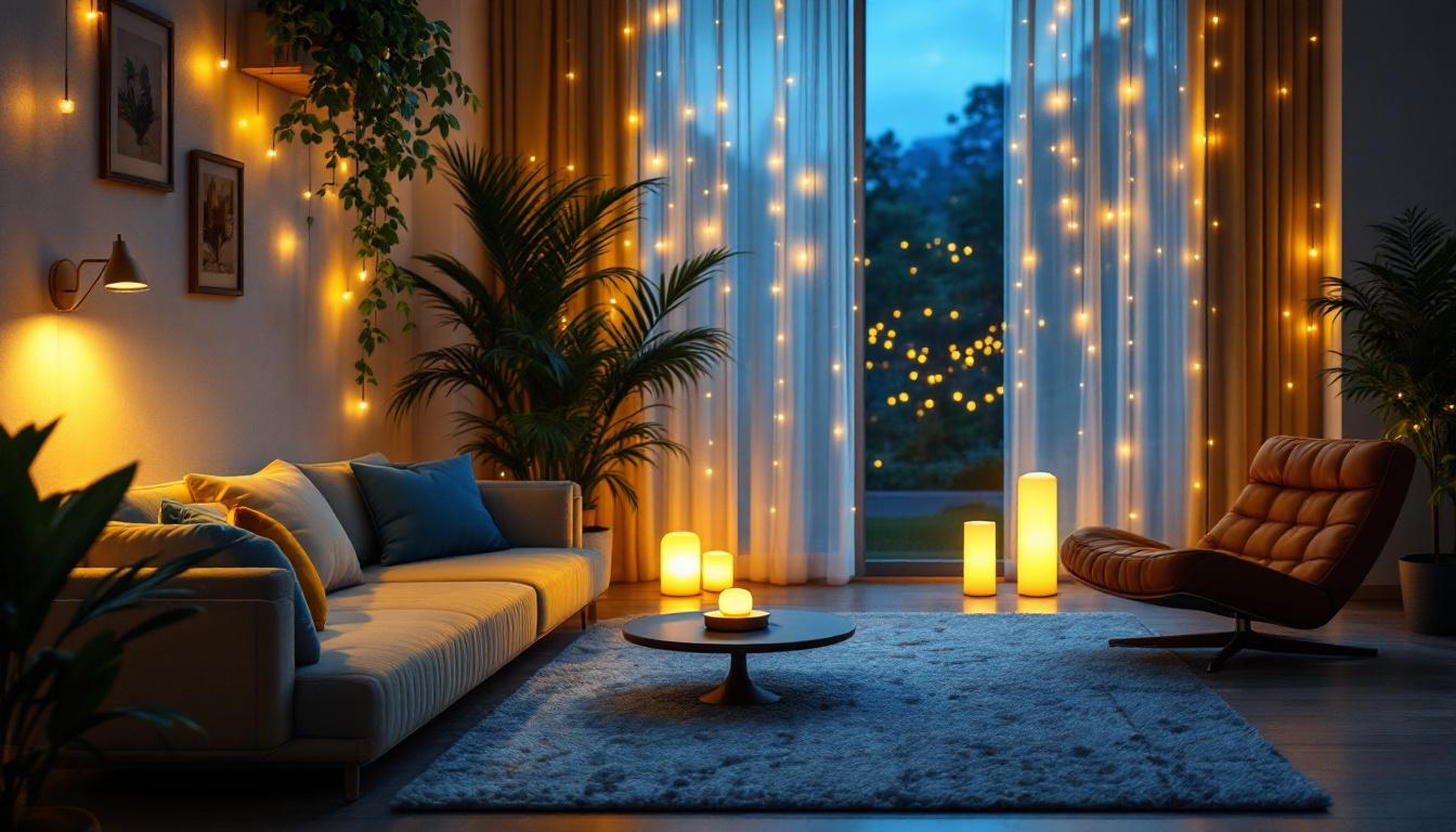 A photograph of a beautifully lit indoor space featuring stylish solar lights integrated into the decor