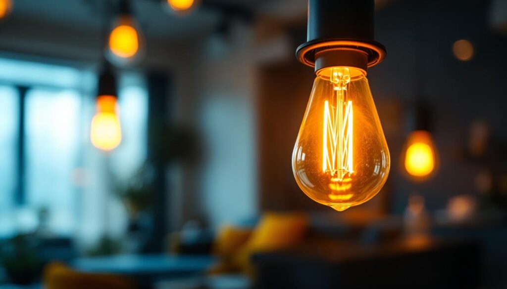 A photograph of a type t 25-watt light bulb illuminated in a stylish