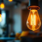 A photograph of a type t 25-watt light bulb illuminated in a stylish