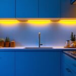 A photograph of a beautifully lit kitchen showcasing under cabinet mounted lights illuminating the countertop