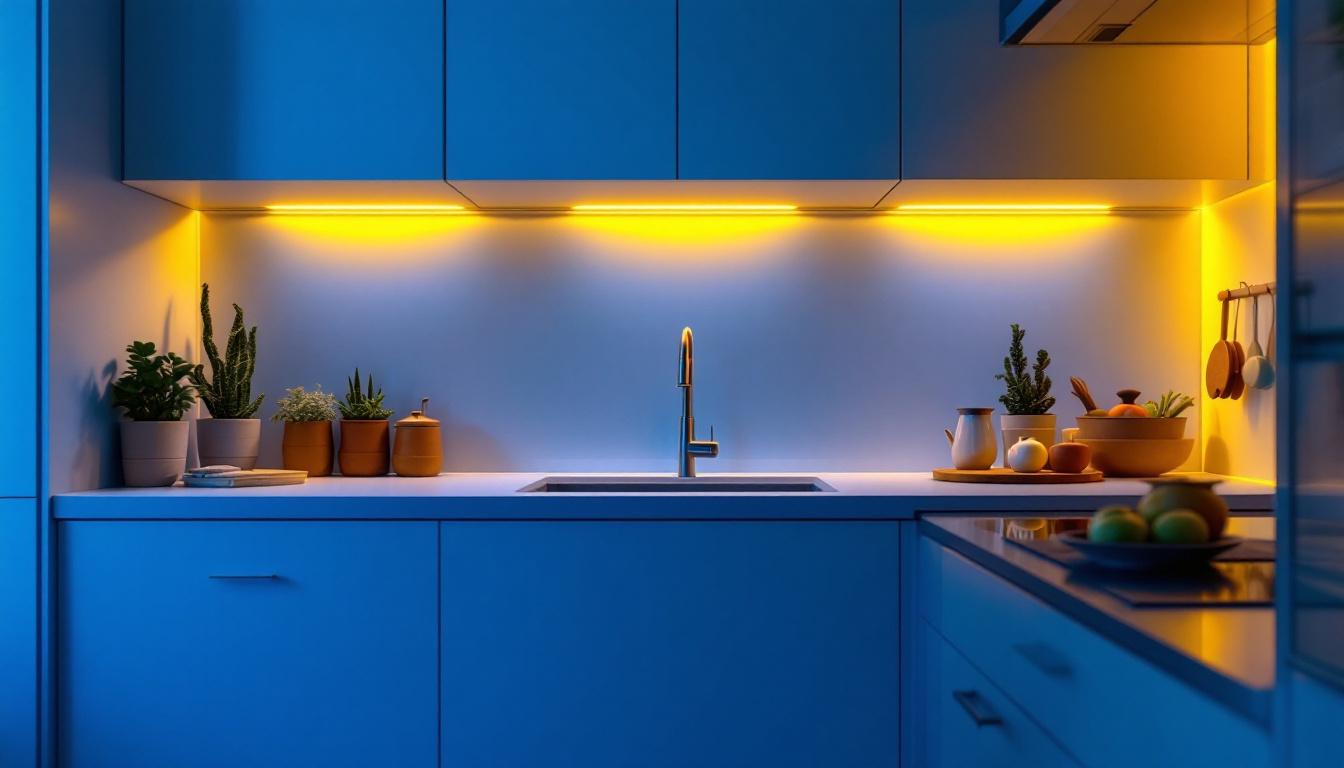 A photograph of a beautifully lit kitchen showcasing under cabinet mounted lights illuminating the countertop