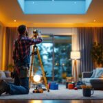 A photograph of a lighting contractor efficiently installing energy-saving led fixtures in a modern residential setting