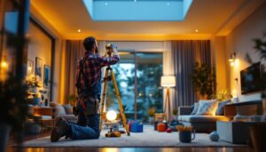 A photograph of a lighting contractor efficiently installing energy-saving led fixtures in a modern residential setting