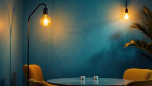 A photograph of a modern lamp design illuminated in a stylish interior setting