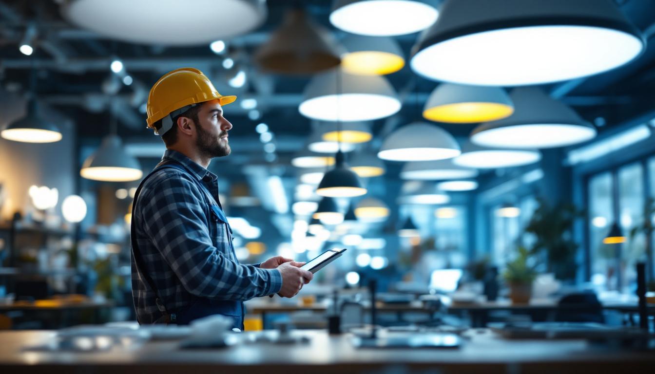 A photograph of a lighting contractor evaluating various architectural lighting fixtures in a well-lit showroom