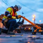 A photograph of a lighting contractor using tugging equipment on a job site