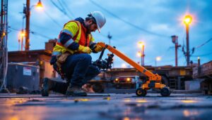 A photograph of a lighting contractor using tugging equipment on a job site