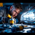 A photograph of a skilled technician installing a led light conversion kit in a car