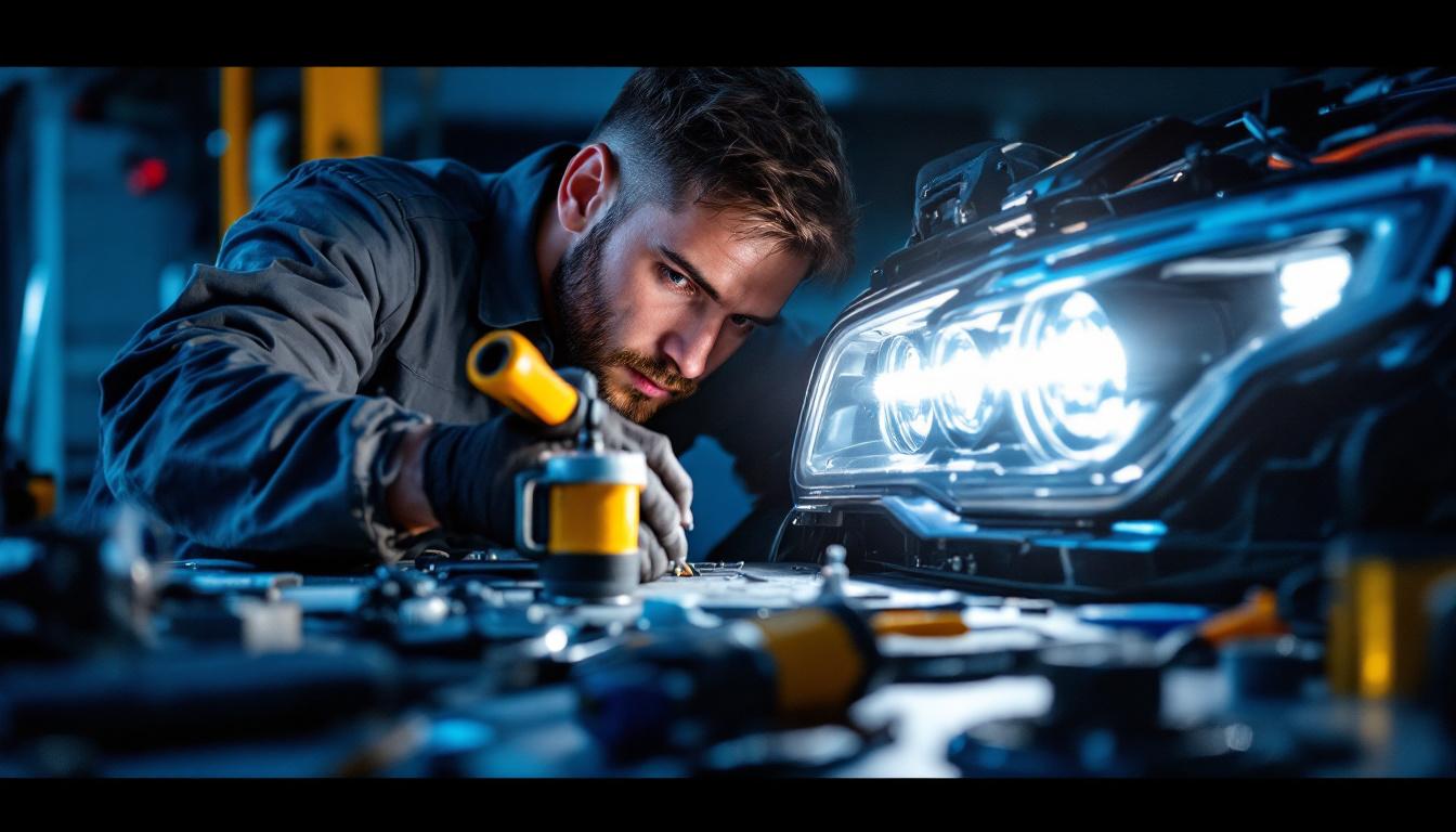 A photograph of a skilled technician installing a led light conversion kit in a car