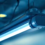 A photograph of a modern lighting fixture featuring t8 fluorescent bulbs