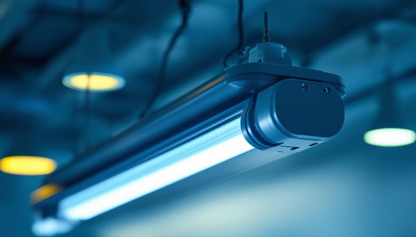 A photograph of a modern lighting fixture featuring t8 fluorescent bulbs