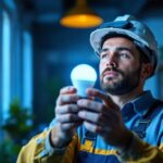 A photograph of a lighting contractor installing or examining uvc light bulbs in a commercial or residential setting