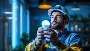 A photograph of a lighting contractor installing or examining uvc light bulbs in a commercial or residential setting