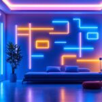 A photograph of a beautifully illuminated room featuring wall led light strips in various colors and designs