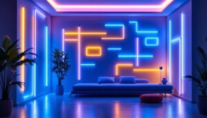 A photograph of a beautifully illuminated room featuring wall led light strips in various colors and designs