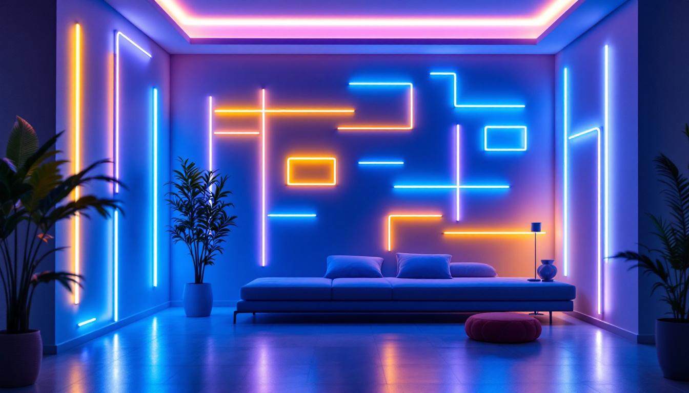 A photograph of a beautifully illuminated room featuring wall led light strips in various colors and designs