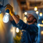 A photograph of a lighting contractor installing a lowes halogen lamp in a beautifully lit space