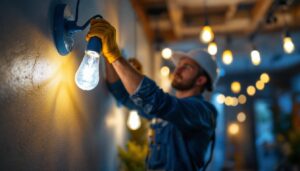 A photograph of a lighting contractor installing a lowes halogen lamp in a beautifully lit space