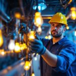 A photograph of a skilled lighting contractor working on an intricate lighting installation