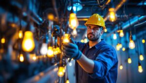A photograph of a skilled lighting contractor working on an intricate lighting installation