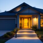 A photograph of a solar-powered address light illuminating a stylish home entrance at dusk