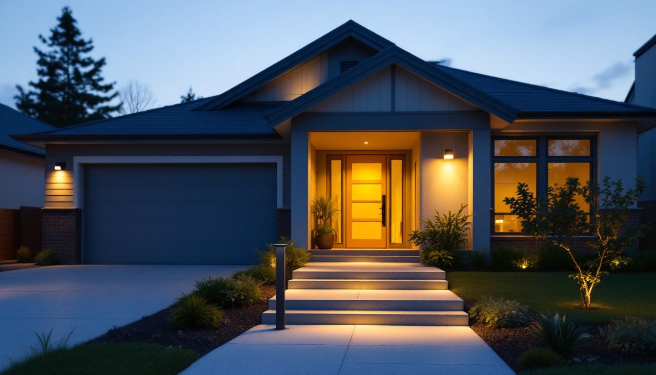 A photograph of a solar-powered address light illuminating a stylish home entrance at dusk