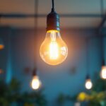 A photograph of a well-lit indoor space showcasing various lighting fixtures with a focus on a 120-lumen bulb in use