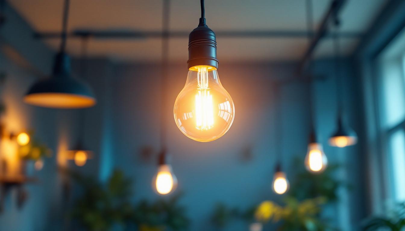 A photograph of a well-lit indoor space showcasing various lighting fixtures with a focus on a 120-lumen bulb in use