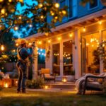 A photograph of a lighting contractor skillfully installing vibrant string lights in a beautifully decorated outdoor space