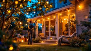 A photograph of a lighting contractor skillfully installing vibrant string lights in a beautifully decorated outdoor space