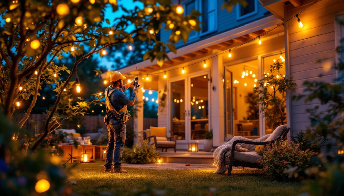 A photograph of a lighting contractor skillfully installing vibrant string lights in a beautifully decorated outdoor space