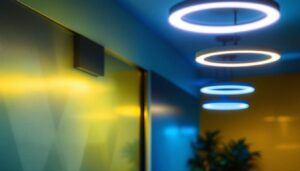 A photograph of a modern interior space featuring sleek fluorescent round light fixtures