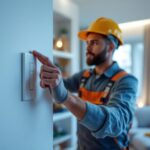 A photograph of a lighting contractor installing a smart home switch in a modern