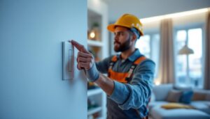 A photograph of a lighting contractor installing a smart home switch in a modern