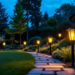 A photograph of a beautifully landscaped yard at dusk