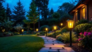 A photograph of a beautifully landscaped yard at dusk