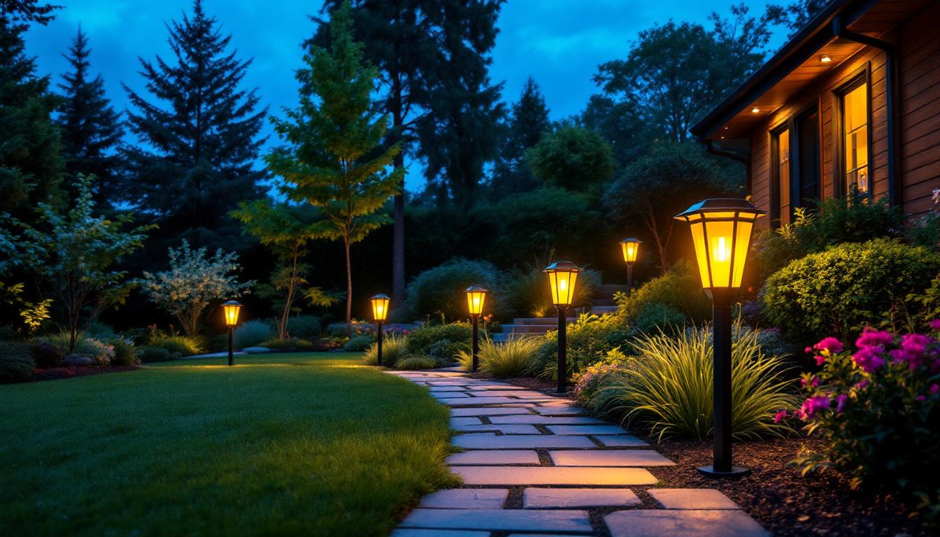 A photograph of a beautifully landscaped yard at dusk