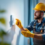 A photograph of a skilled lighting contractor demonstrating the installation of a smart electrical switch in a modern home setting