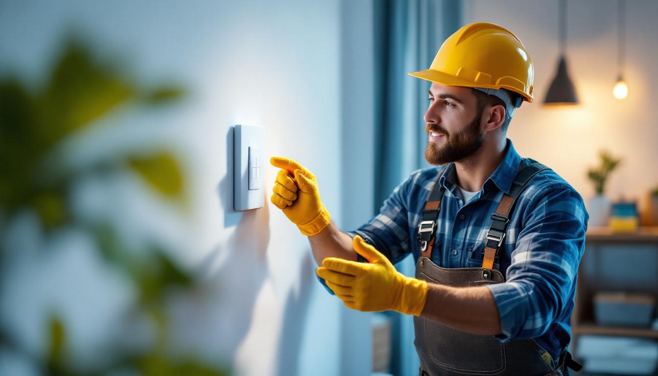 A photograph of a skilled lighting contractor demonstrating the installation of a smart electrical switch in a modern home setting