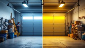 A photograph of a well-lit garage featuring led screw-in lights