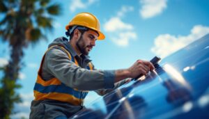 A photograph of a skilled lighting contractor installing solar light tops on a modern outdoor structure